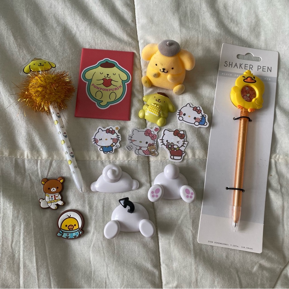 HUGE 14 Piece Kawaii Trinkets Lot - Sanrio Pompompurin Rilakkuma Magnets Sticker